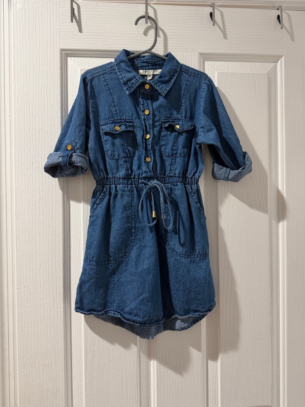 Girls Denim Dress with Drawstring Waist - Dark Blue with gold buttons
